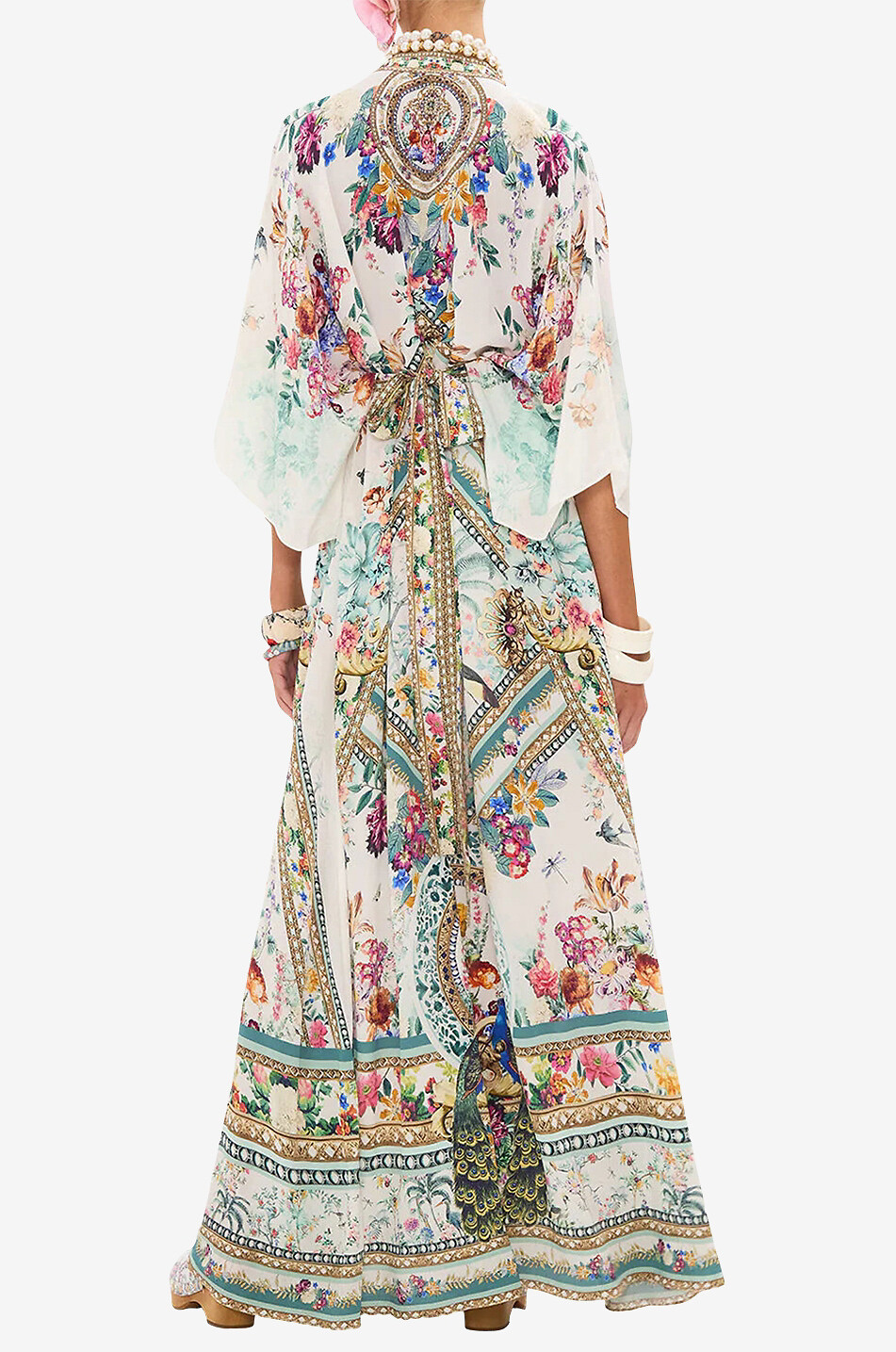 Caftan long en soie Plumes and Parterres Waist-Tie
