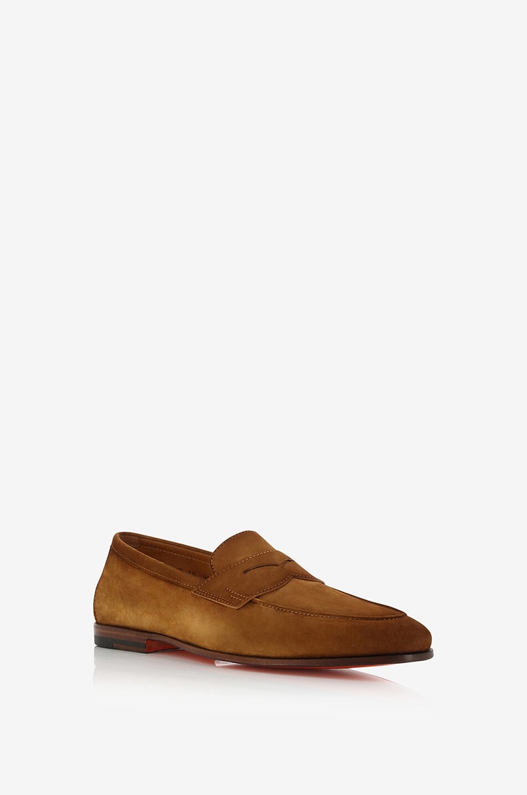 SANTONI Penny lightweight suede loafers Men COGNAC 1
