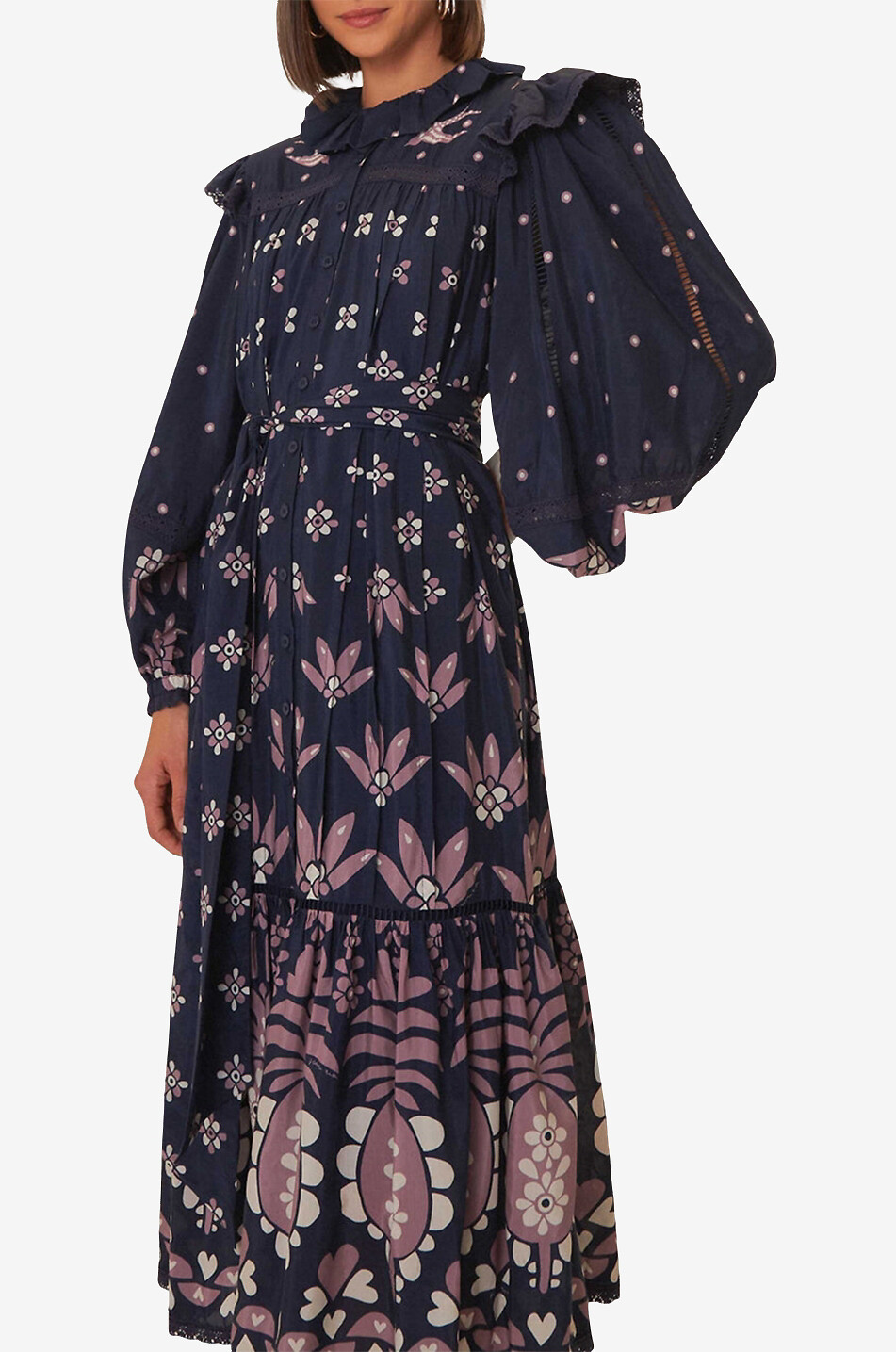 princess polly baby blue dress FARM Rio Mystic Blue Lotus Placed Print Long Sleeve Linen Blend Maxi Dress