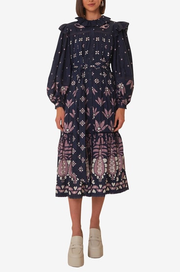 farm rio mystic blue lotus dress Farm Rio Mystic Blue Lotus Placed Print Long Sleeve Linen Blend Maxi Size M