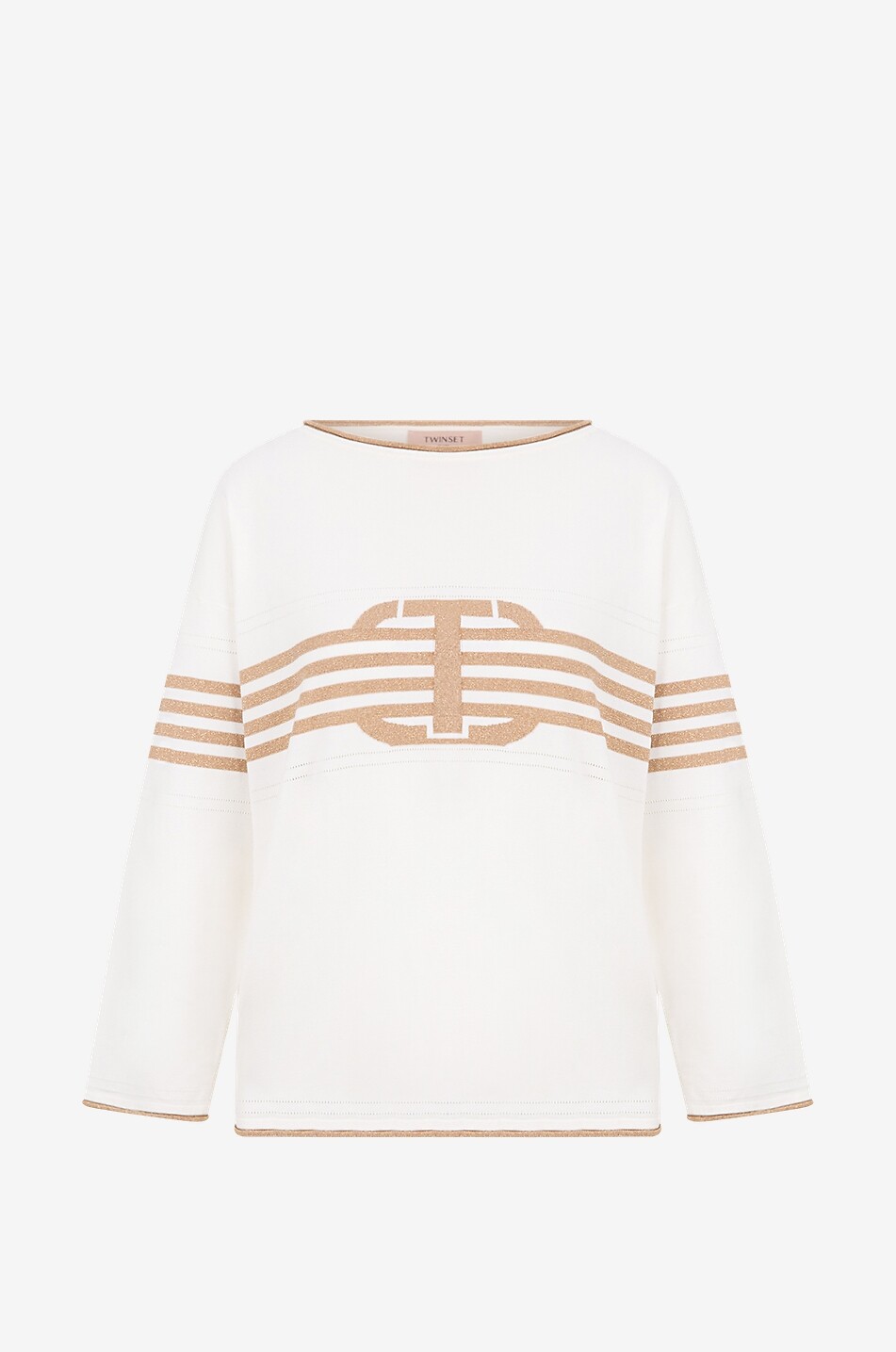 Pullover mit langen Ärmeln mit goldenen Streifen und Monogramm