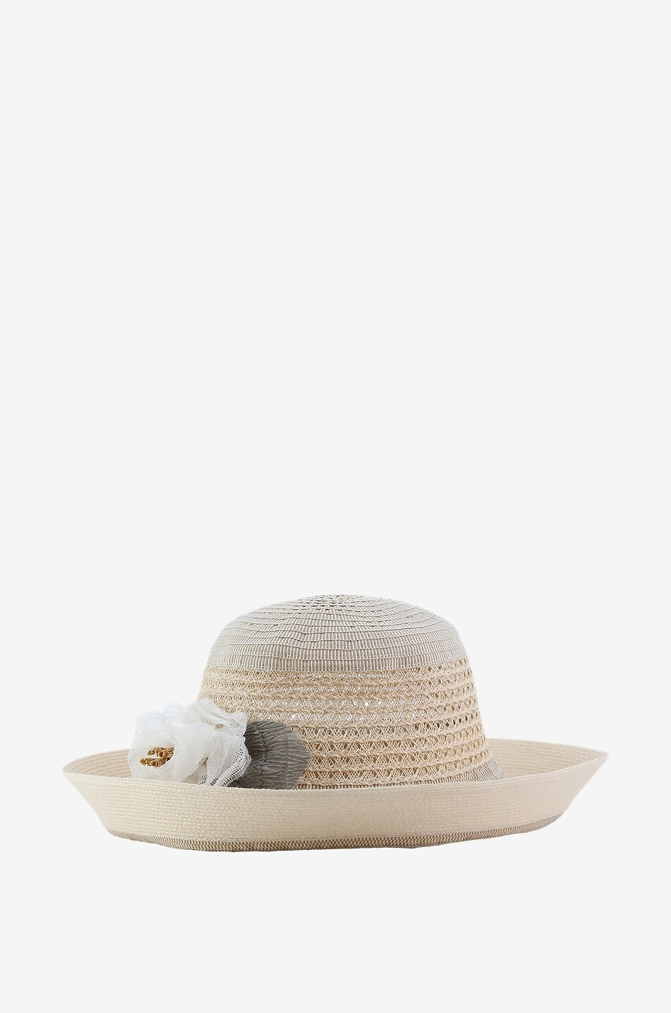 Flower adorned cotton and hemp hat