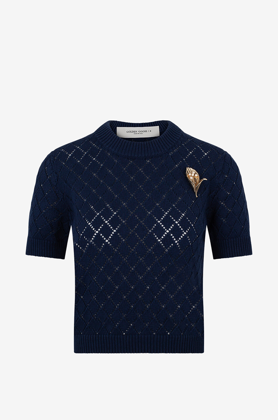 GOLDEN GOOSE Pull raccourci ajouré à manches courtes avec broche Femme BLEU FONCE 1