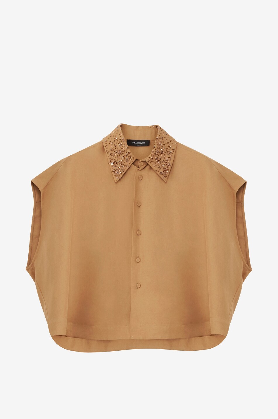Sleeveless linen boxy shirt with embroidered collar