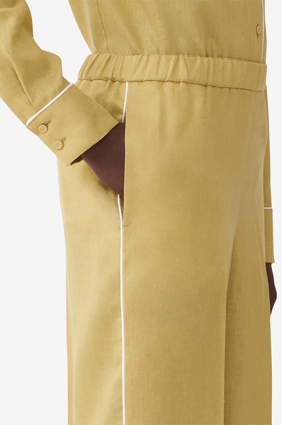 Pantalon droit raccourci en lin à passepoils