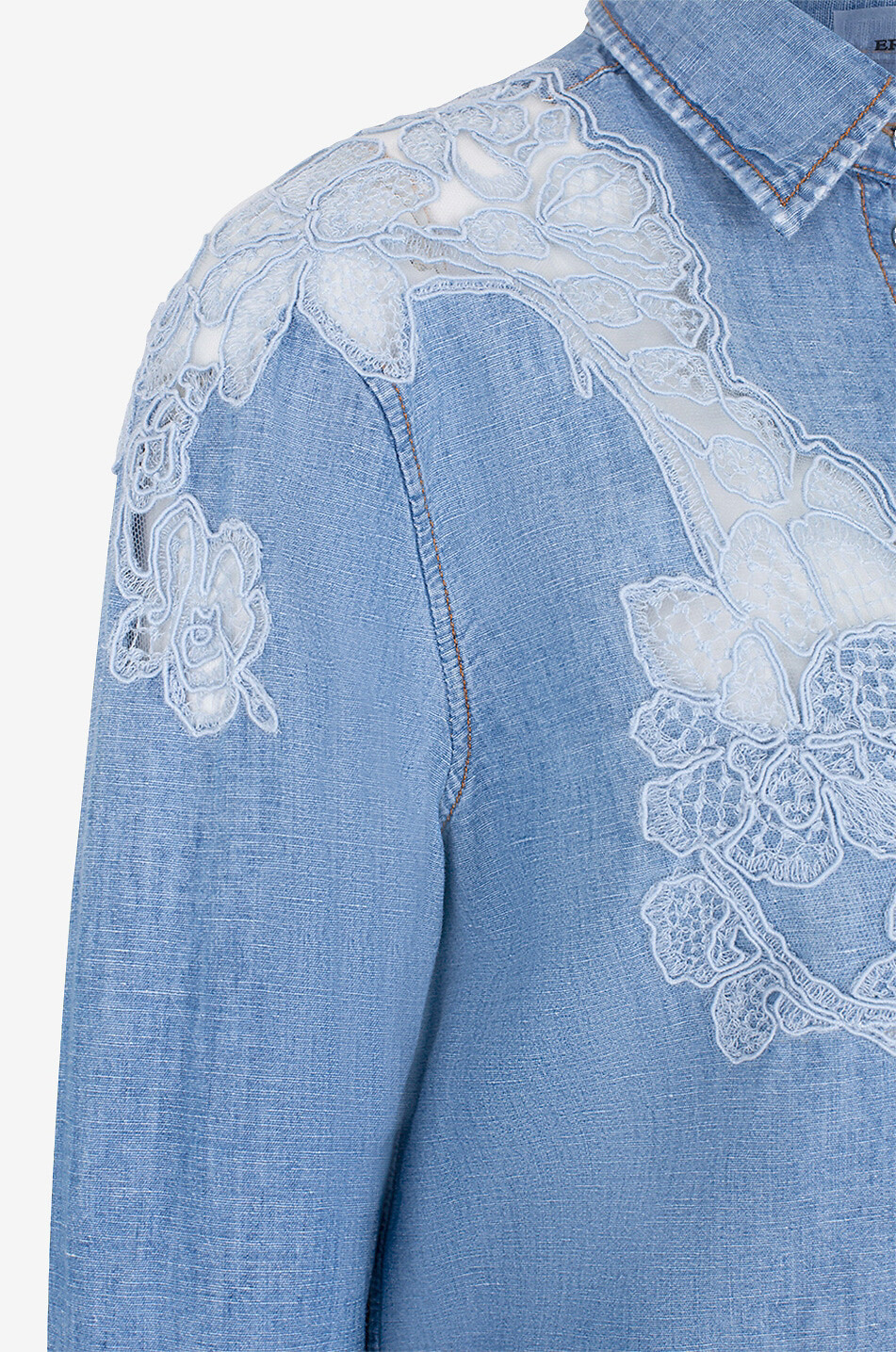 Chemise ample effet denim ornée de dentelle