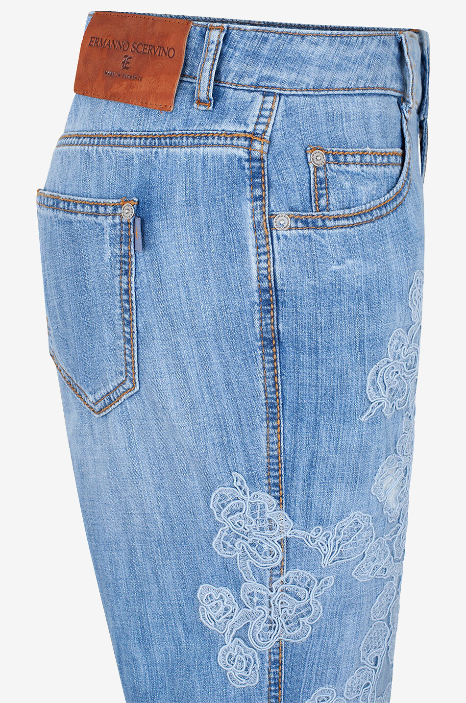 ERMANNO SCERVINO Sommer-Denim-Boyfriend-Jeans mit Spitzeneinsätzen Damen BLAU 3