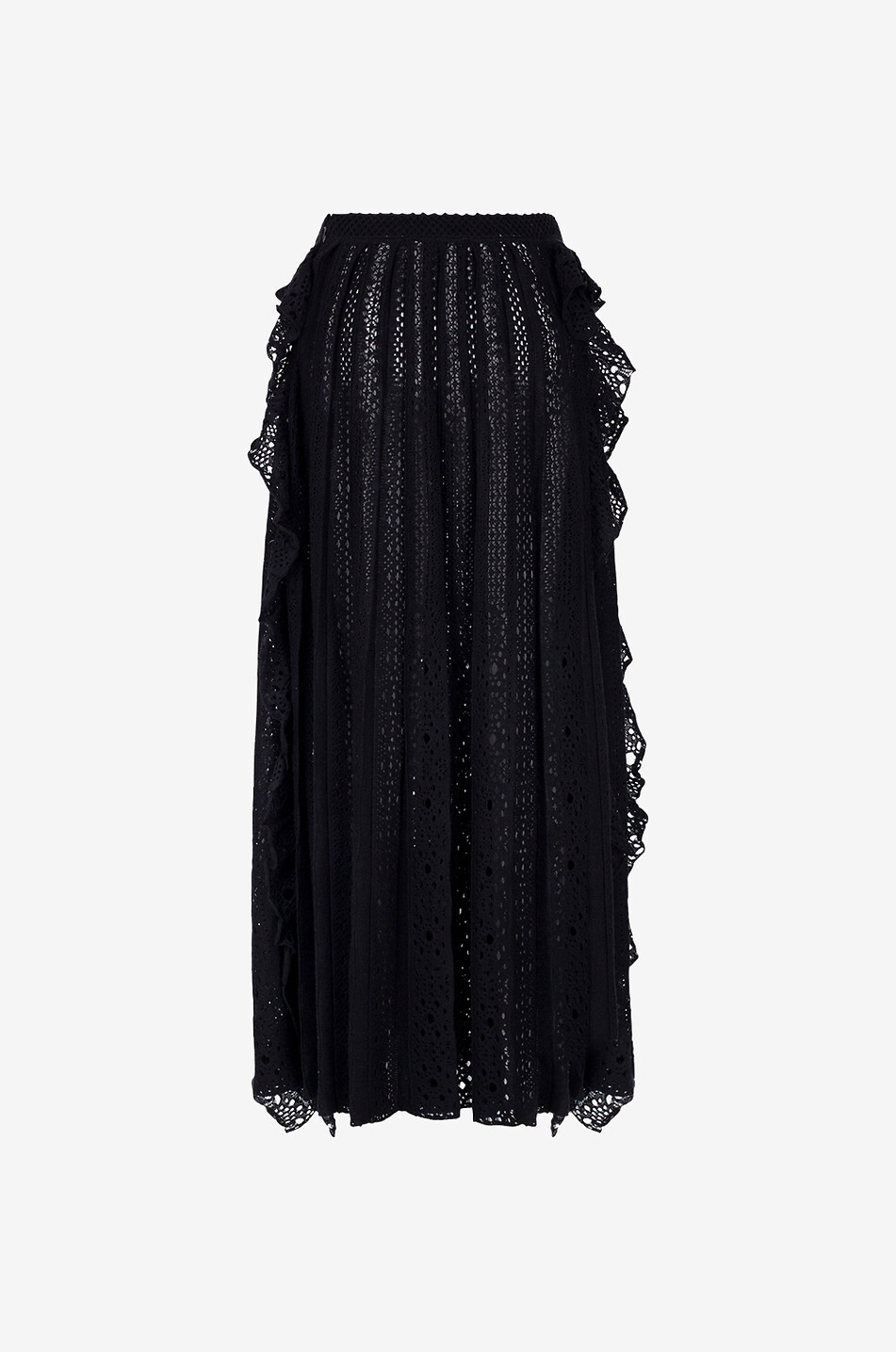 Long ruffled openwork knit skirt