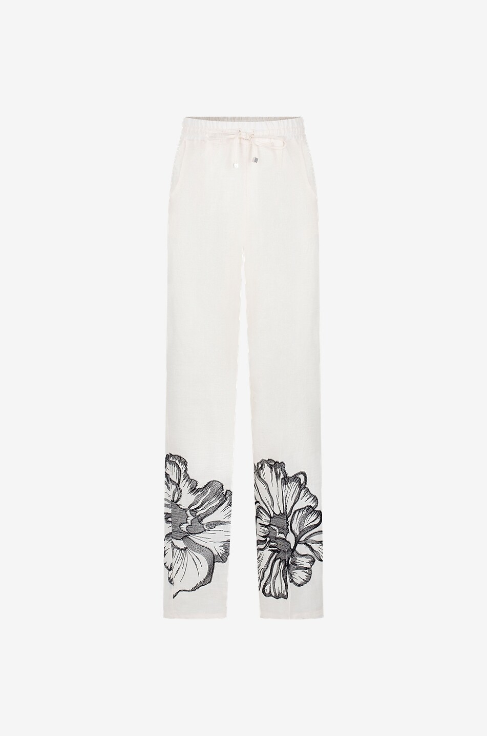 Pantalon large en lin brodé fleurs