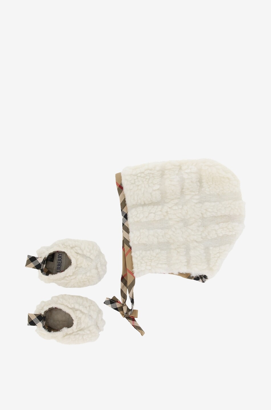 Baby-Pantoffel- und Mützenset aus Fleece Check