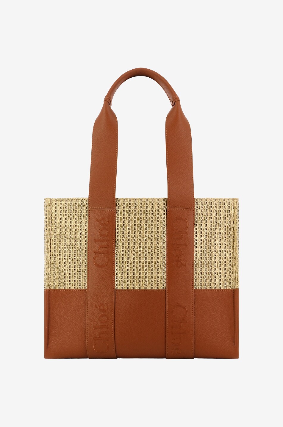 Woody Medium raffia and leather tote bag
