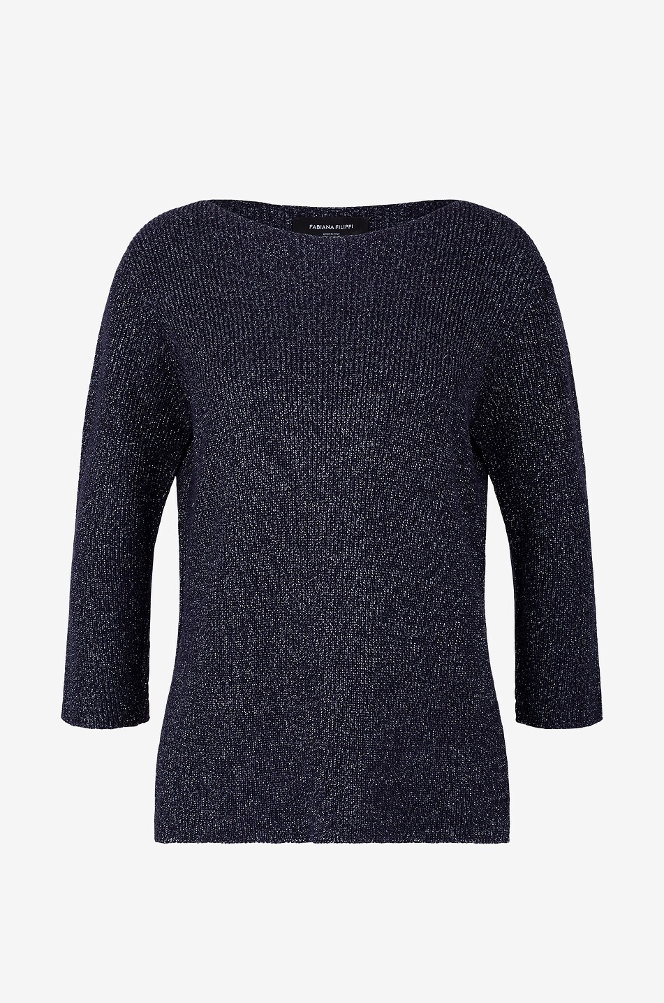 Glitzernder Rippstrick-Baumwollpullover mit U-Boot-Ausschnitt