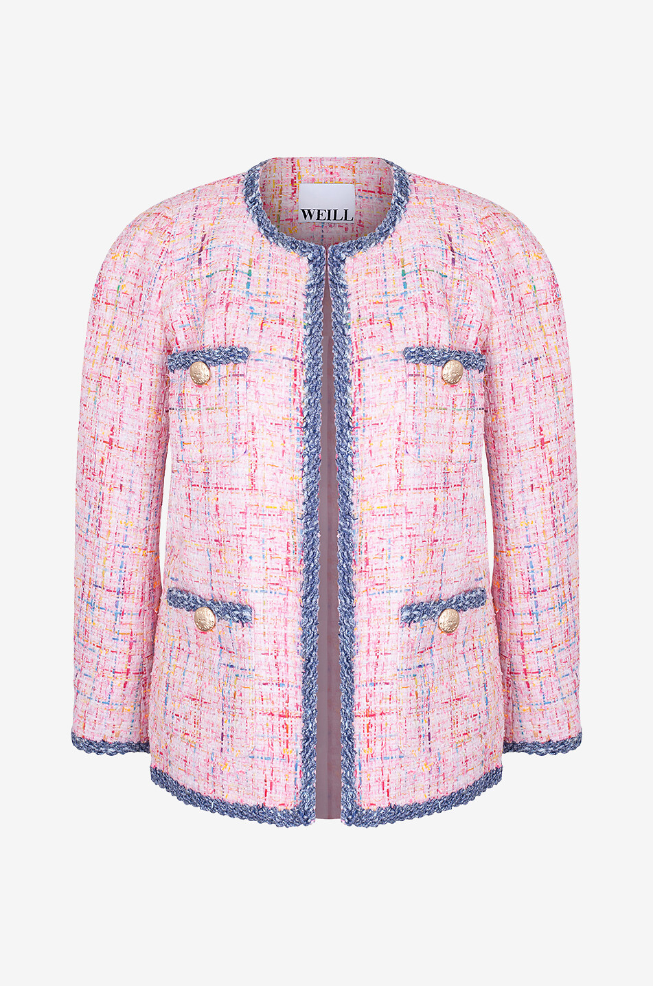Cindya denim effect braid adorned tweed jacket