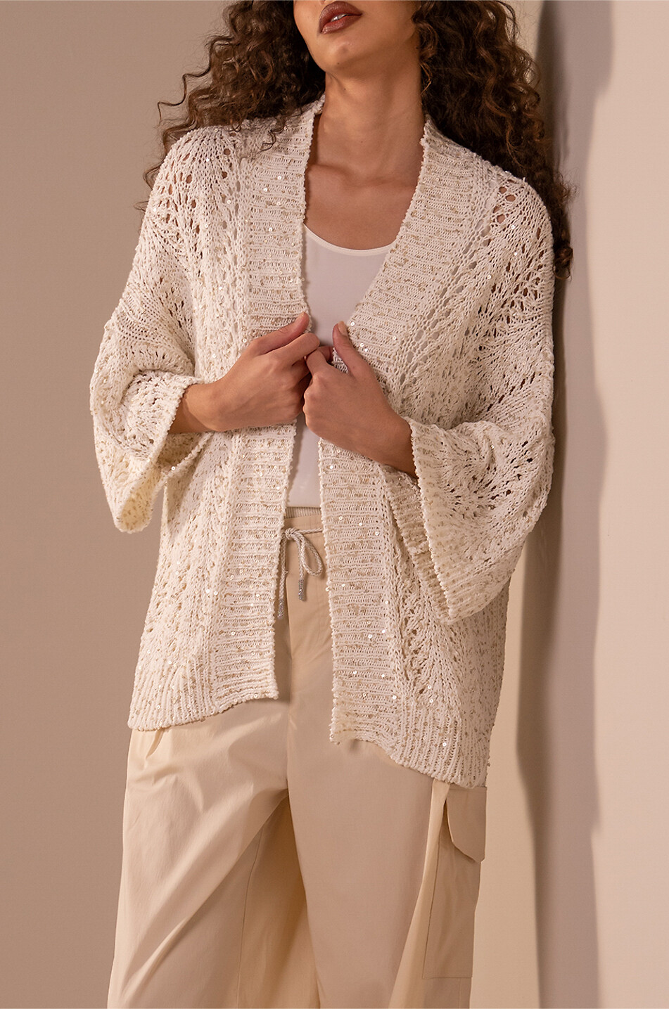 PANICALE Cardigan ajouré à manches courtes en coton à sequins Femme BLANC CASSE 3