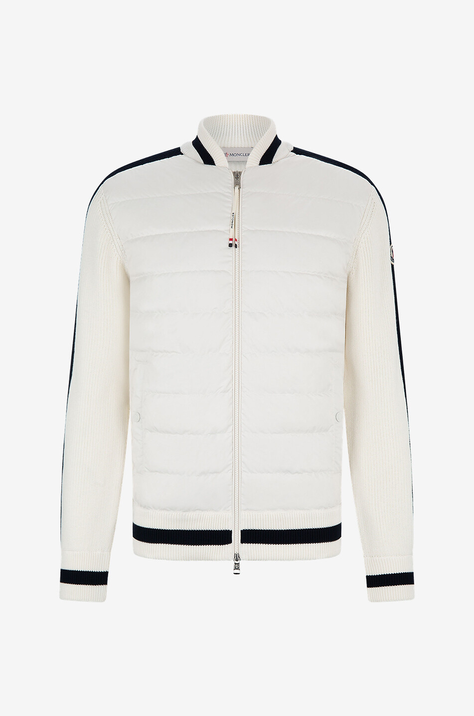 Stripe-adorned knit and down part cardigan