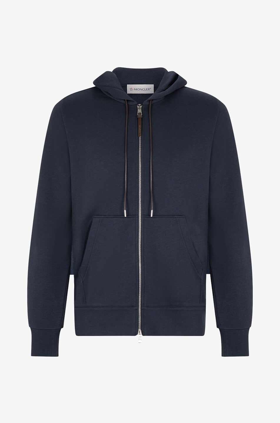 Leather detail adorned full-zip hooded sweatshirt - MONCLER - BLUE