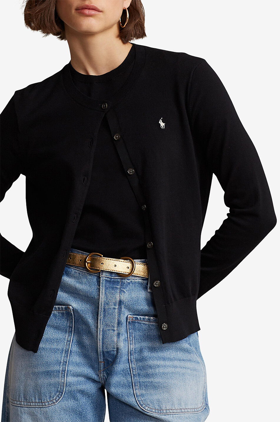 POLO RALPH LAUREN Feiner Baumwollmix-Cardigan mit Rundhals Pony Damen SCHWARZ 3