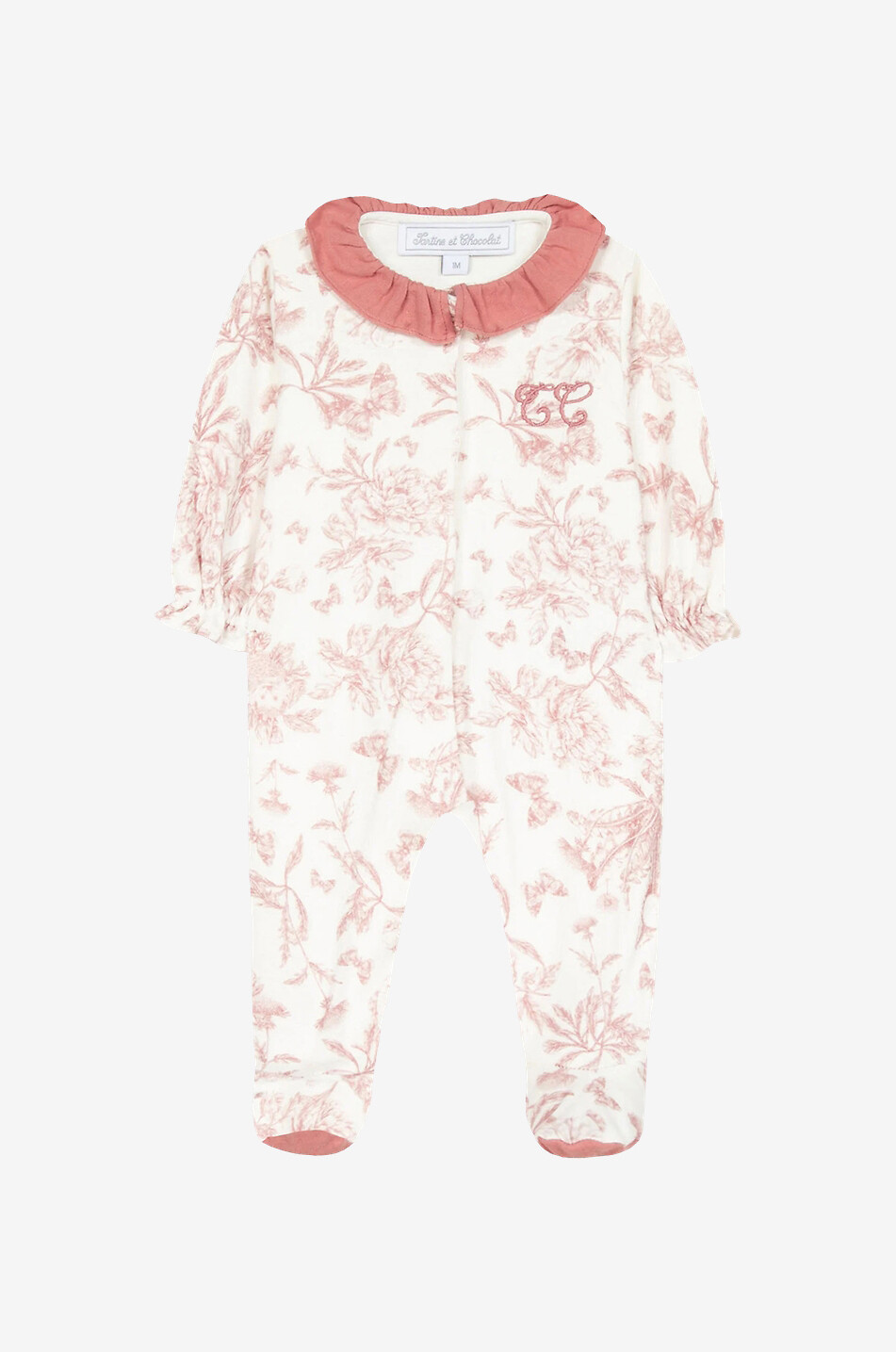 TARTINE ET CHOCOLAT Toile de Jouy velvet baby all-in-one Baby PINK 1