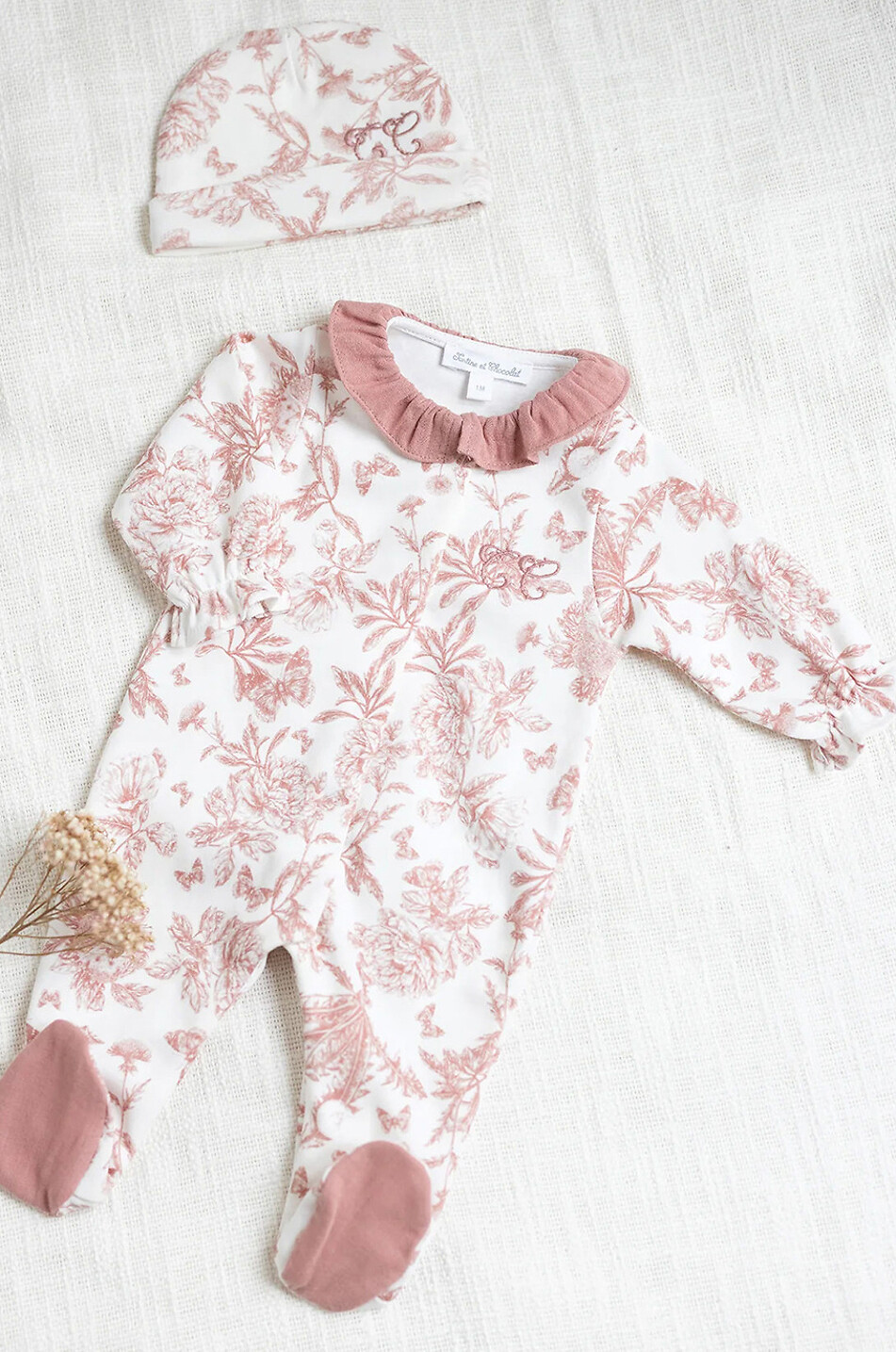 TARTINE ET CHOCOLAT Toile de Jouy velvet baby all-in-one Baby PINK 3