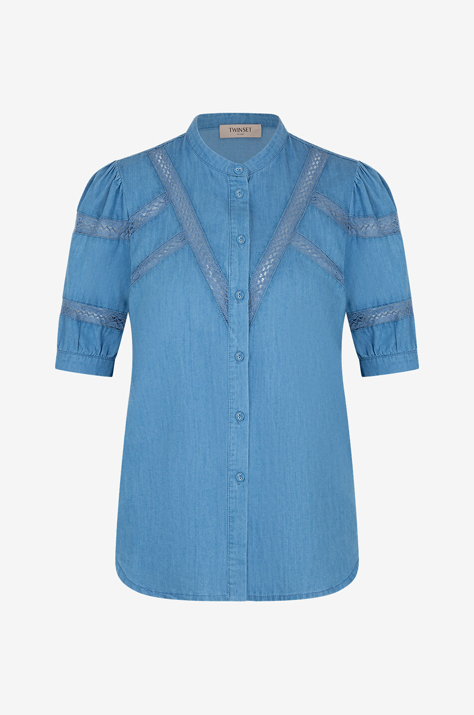 Blouse à manches courtes en chambray ornée de dentelle