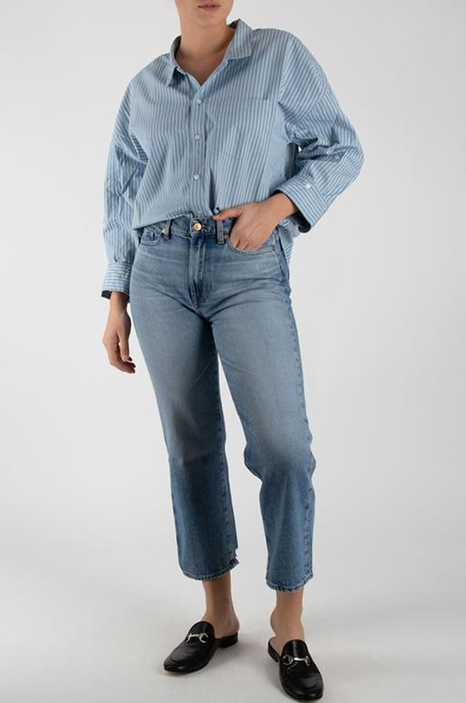 7 FOR ALL MANKIND Jean droit raccourci effiloché Logan Stove Pipe Vibe Femme BLEU MOYEN 4