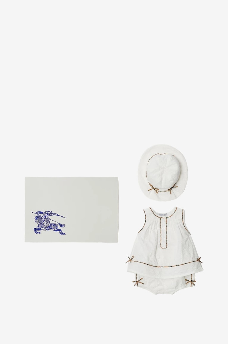 BURBERRY Babyset Top Shorts und Hut aus Seersucker House Check Baby WEISS 1
