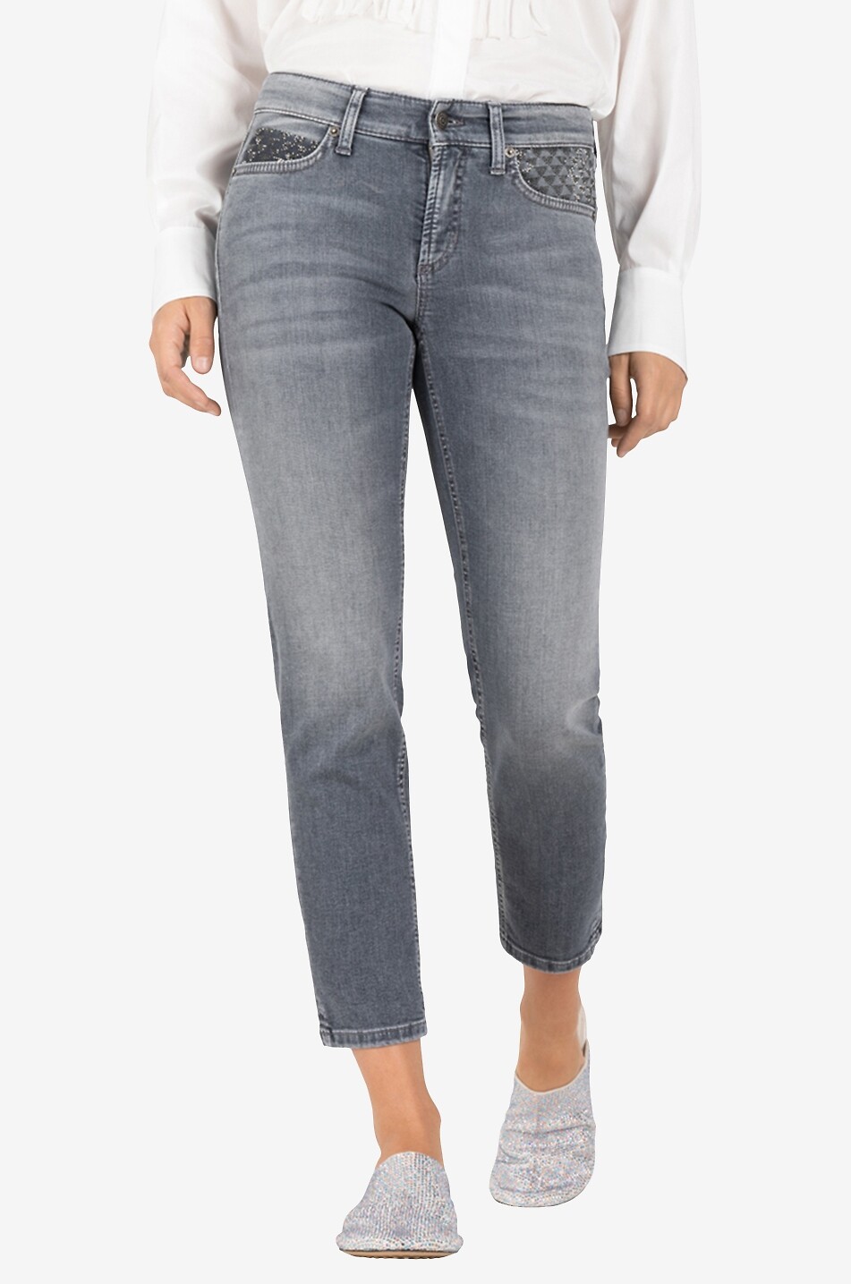 CAMBIO Slim-Fit-Jeans mit Kristallen Piper Short Damen MITTELGRAU 3