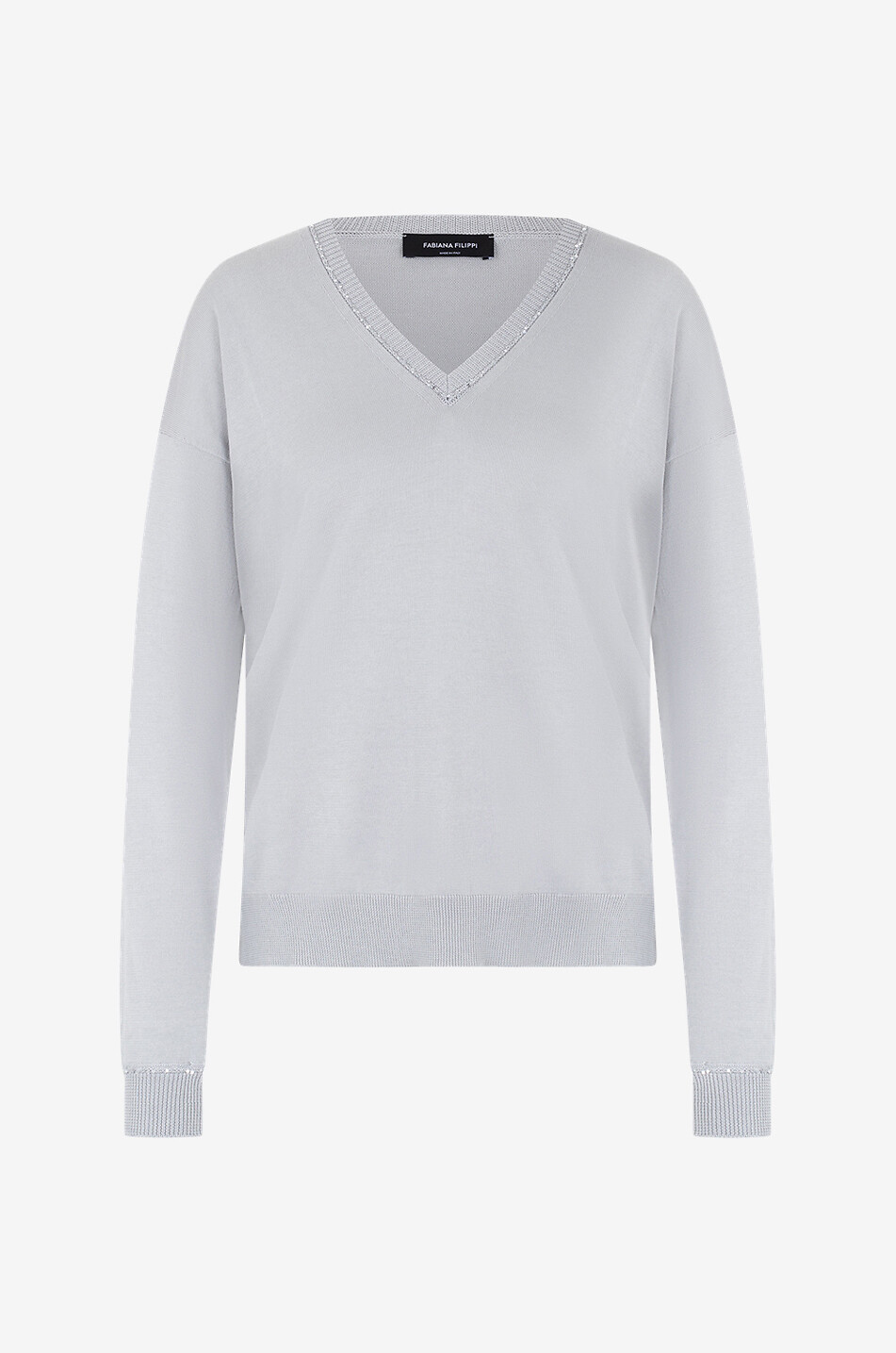 Baumwollpullover mit V-Ausschnitt und Pailletten