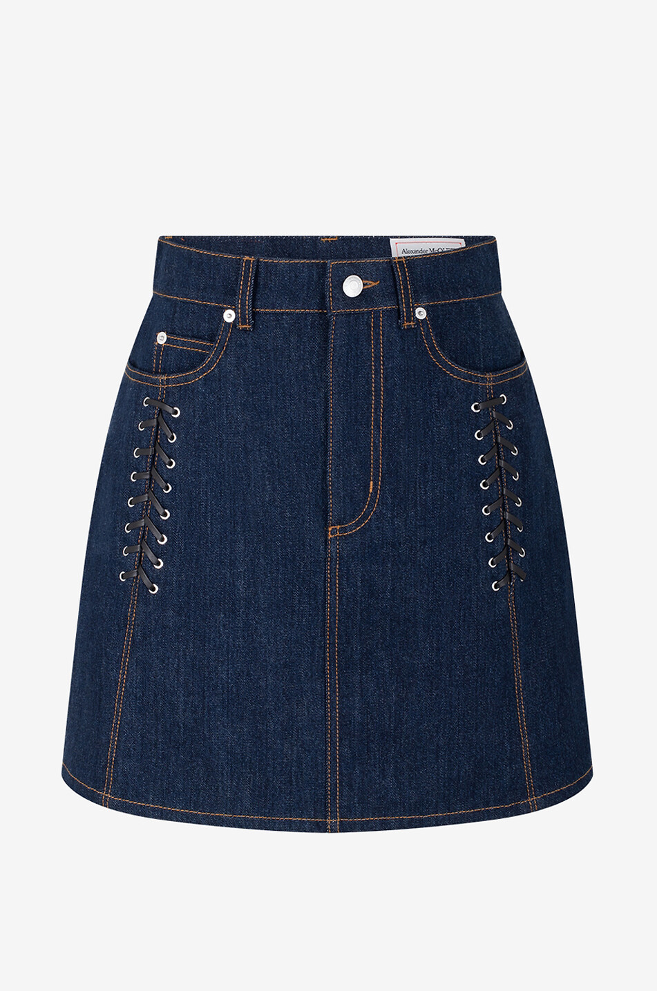 Minijupe trapèze en denim à laçage en cuir