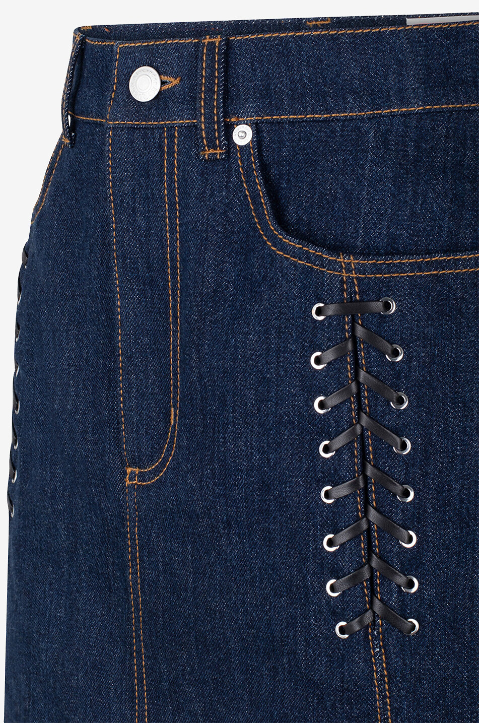 ALEXANDER McQUEEN Leather lace adorned denim A-line miniskirt Women DARK BLUE 3