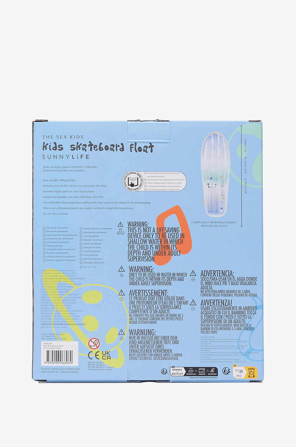 SUNNYLIFE Aufblasbare Kindermatratze Sea Kids Ride With Me Skateboard Haus HELLBLAU 7
