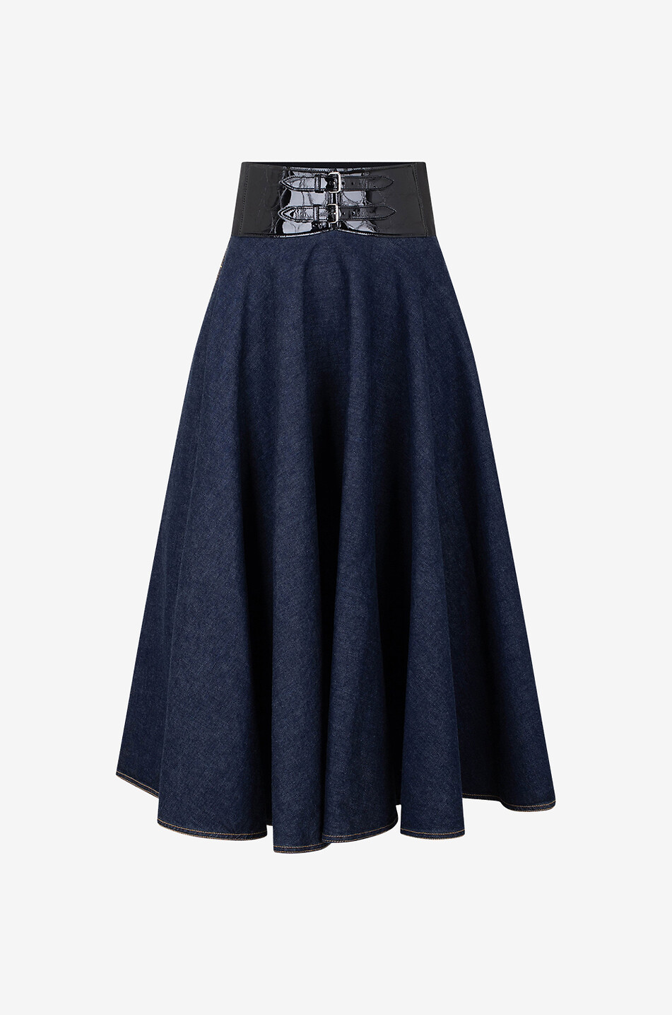 ALAÏA Jupe midi évasée en denim brut Belted Femme BLEU 1
