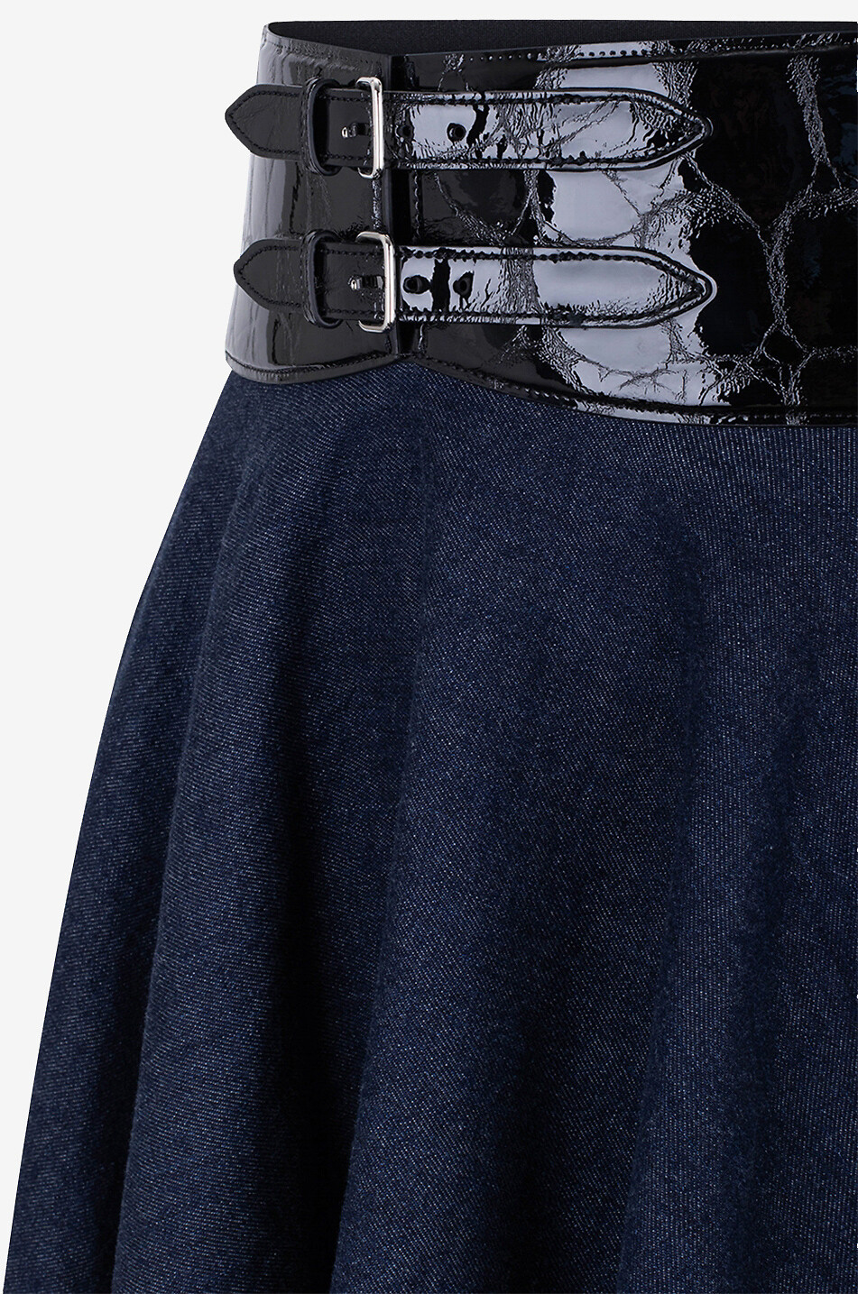 ALAÏA Jupe midi évasée en denim brut Belted Femme BLEU 3