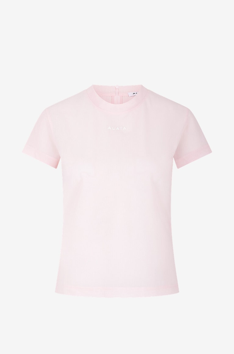ALAÏA T-shirt en tulle stretch imprimé logo Femme ROSE CLAIR 1