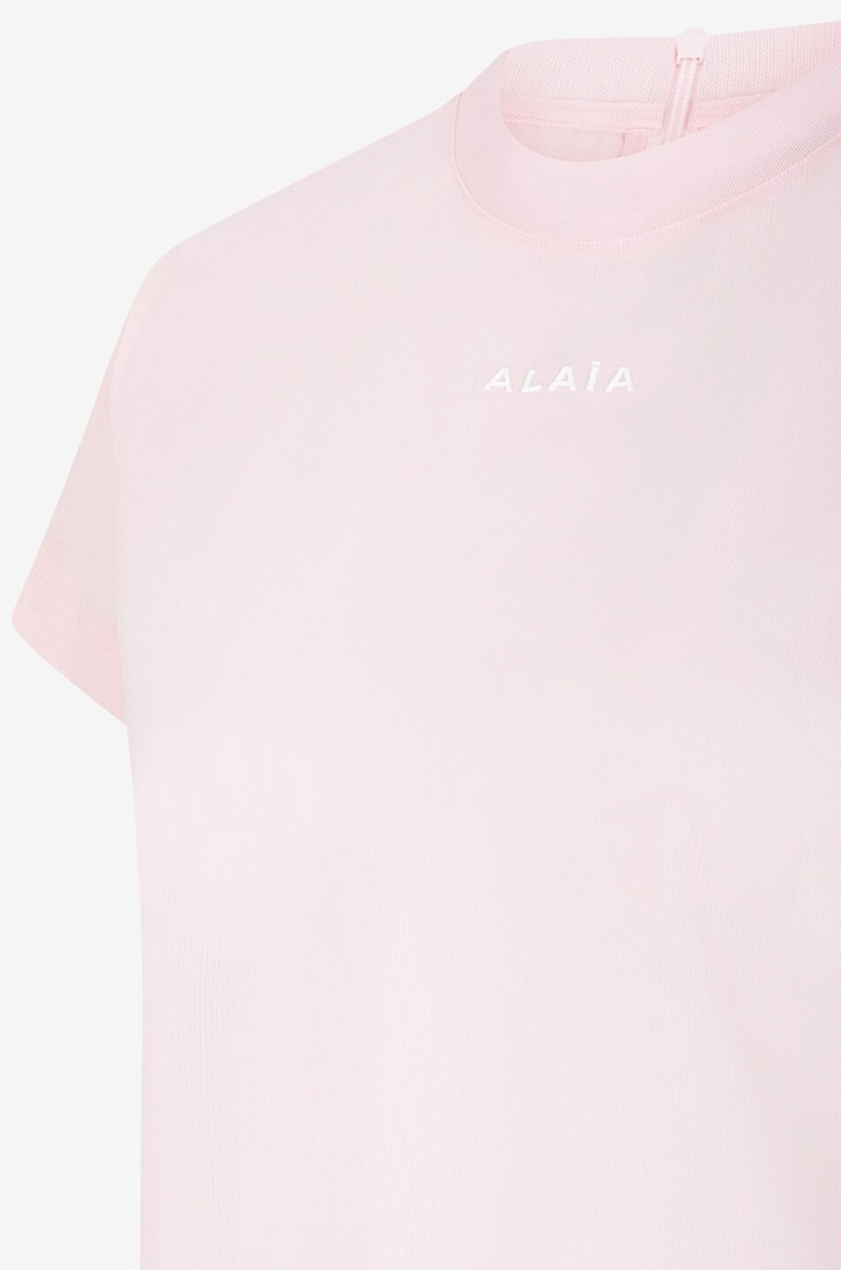 ALAÏA T-shirt en tulle stretch imprimé logo Femme ROSE CLAIR 3