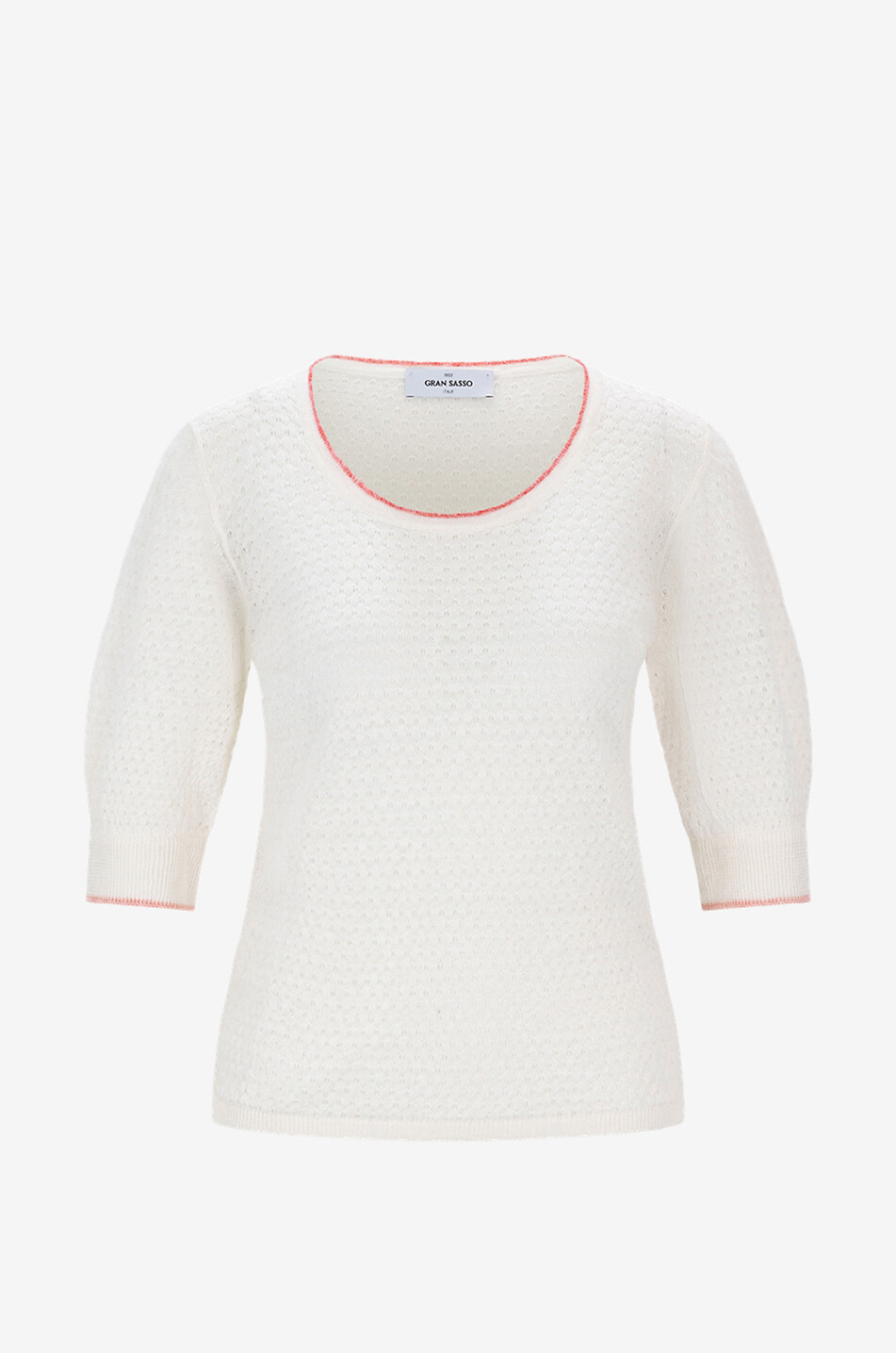 Lochstrick-Leinenpullover mit kurzen Puffärmeln