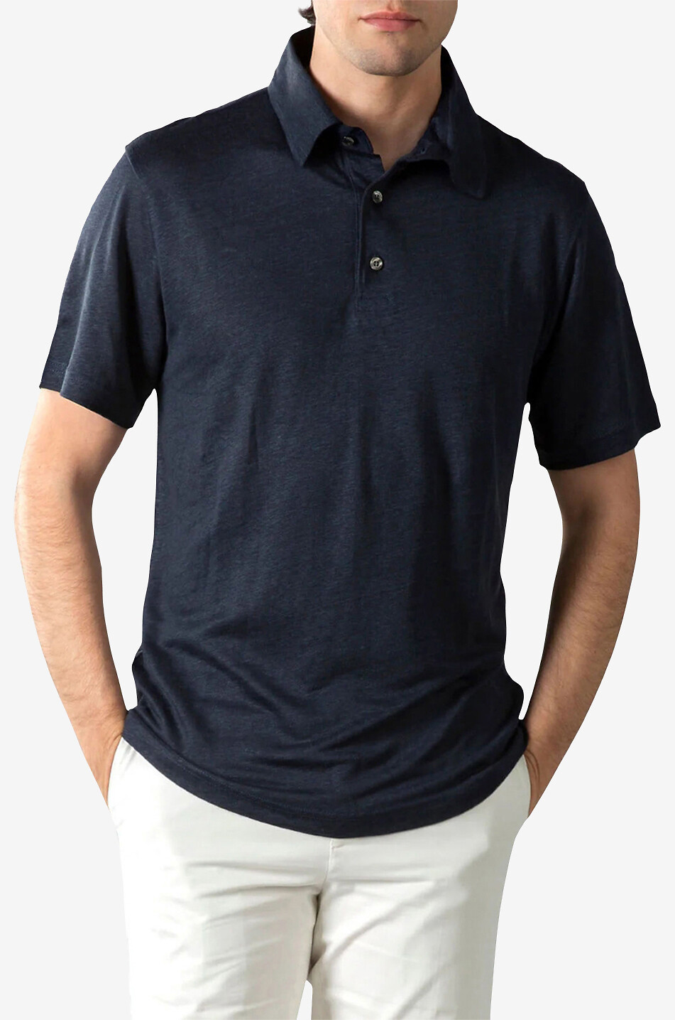 AURELIEN Short-sleeved linen jersey polo shirt Men DARK BLUE 2