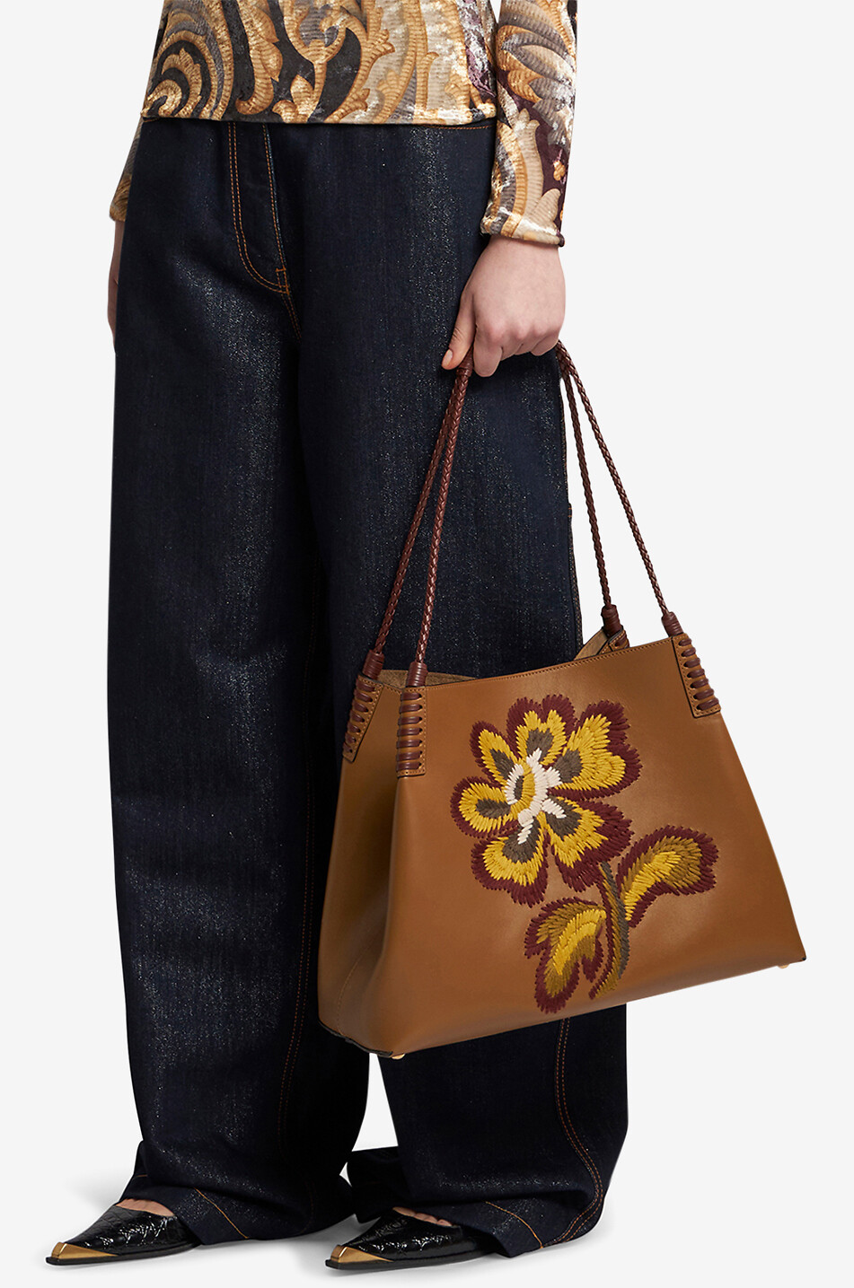 ETRO Shopper aus Glattleder mit Blütenstickerei Libra Medium Damen BRAUN 3