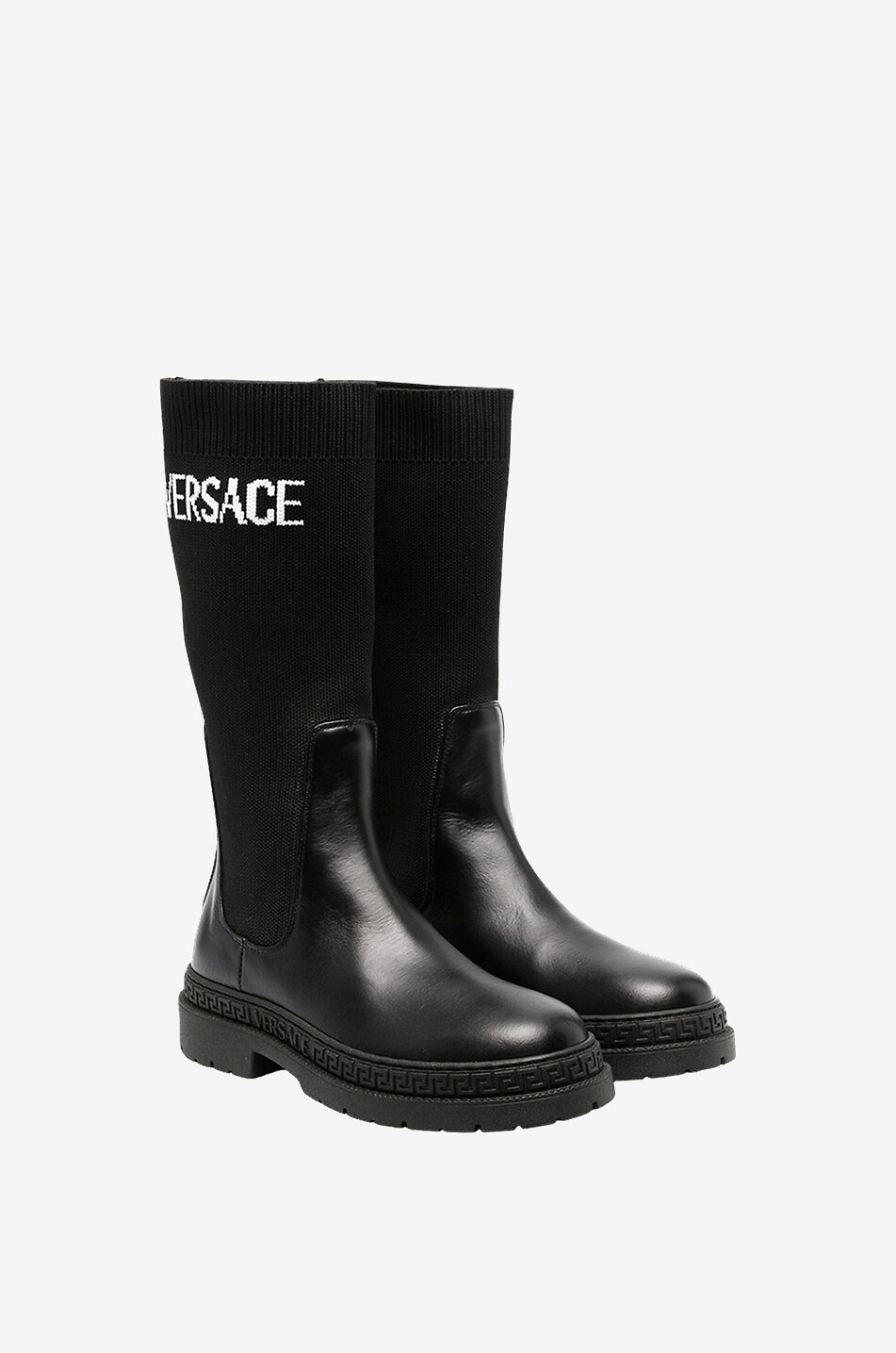 VERSACE Socken-Stiefeletten aus Leder und Rippstrick Mädchen SCHWARZ 2