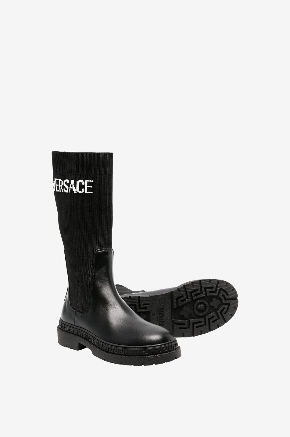 VERSACE Socken-Stiefeletten aus Leder und Rippstrick Mädchen SCHWARZ 3