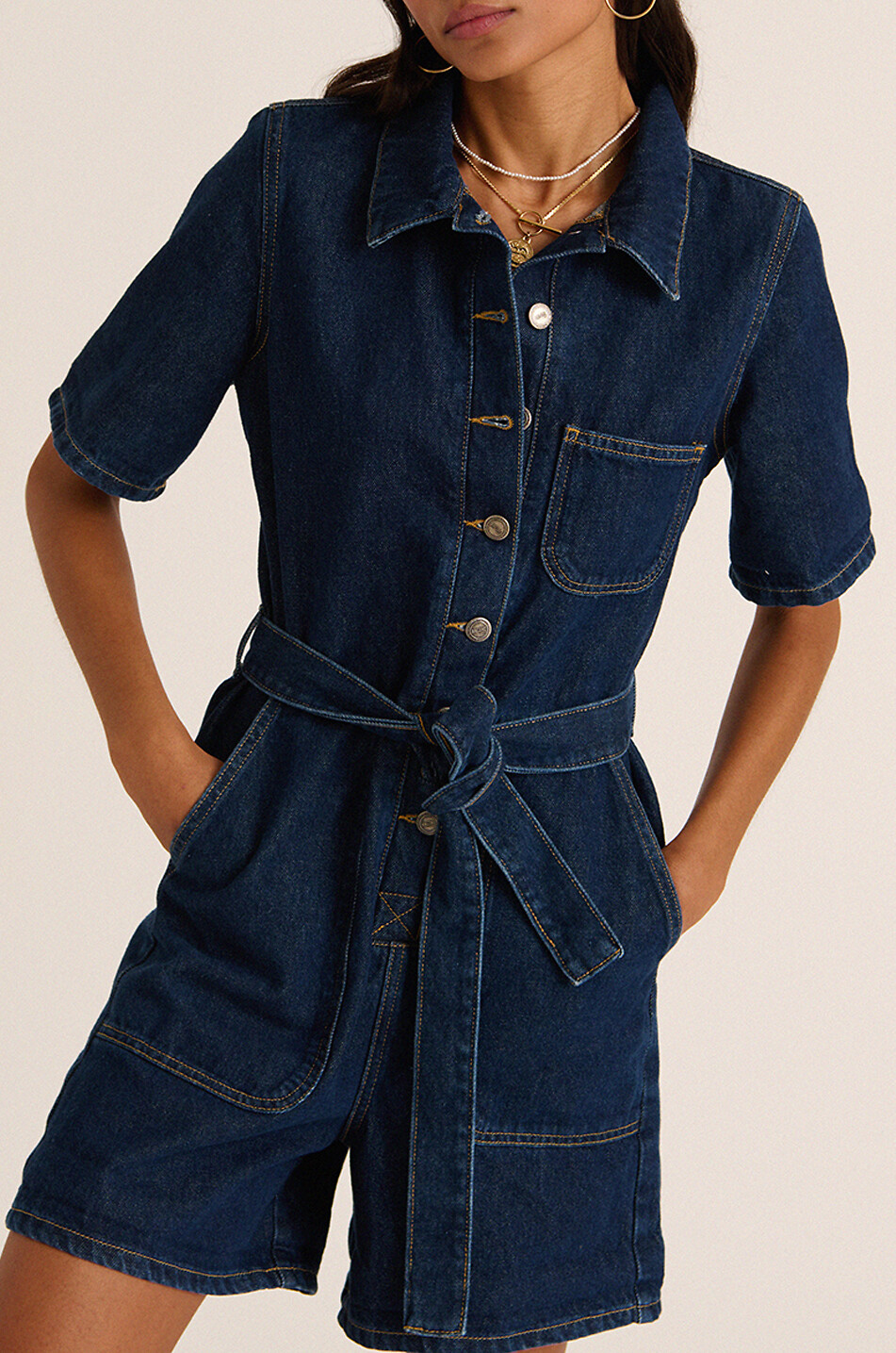Combi-court en denim Floralie Bleu Nuit