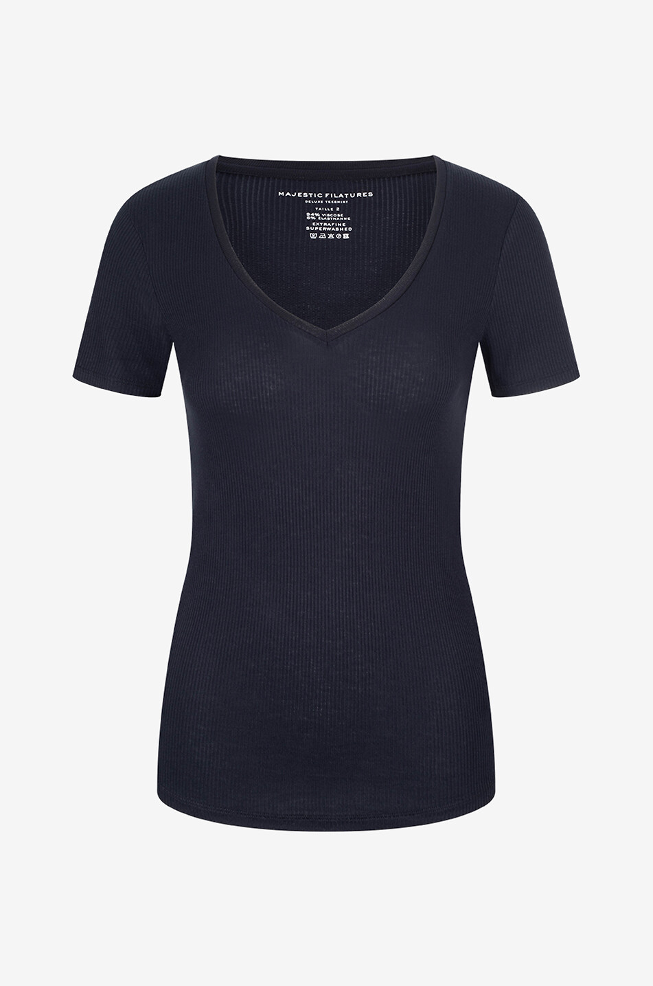MAJESTIC FILATURES T-shirt à manches courtes en viscose à col V Femme BLEU FONCE 1