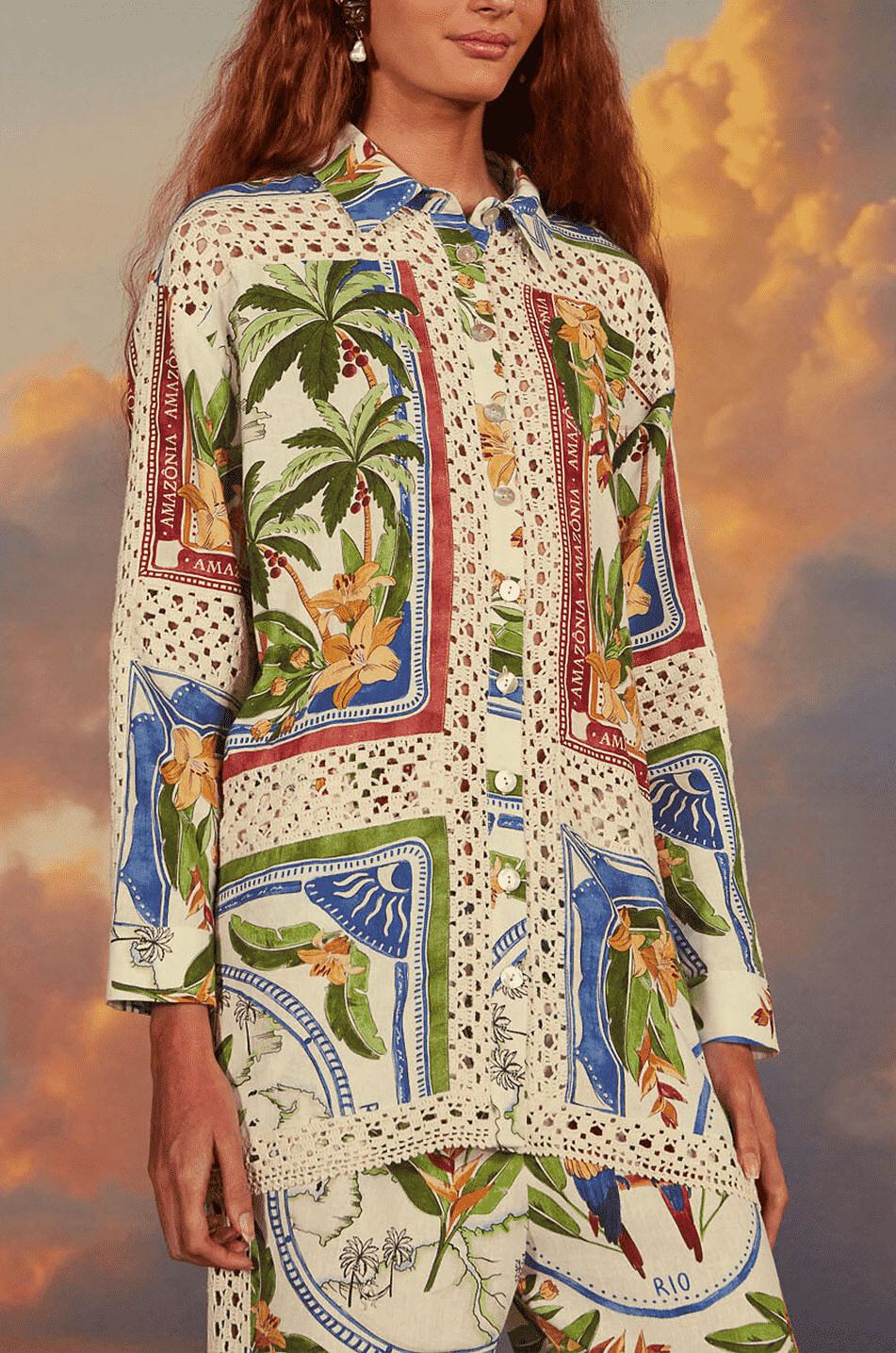Chemise oversize fleurie en lin et crochet Tropical Destination