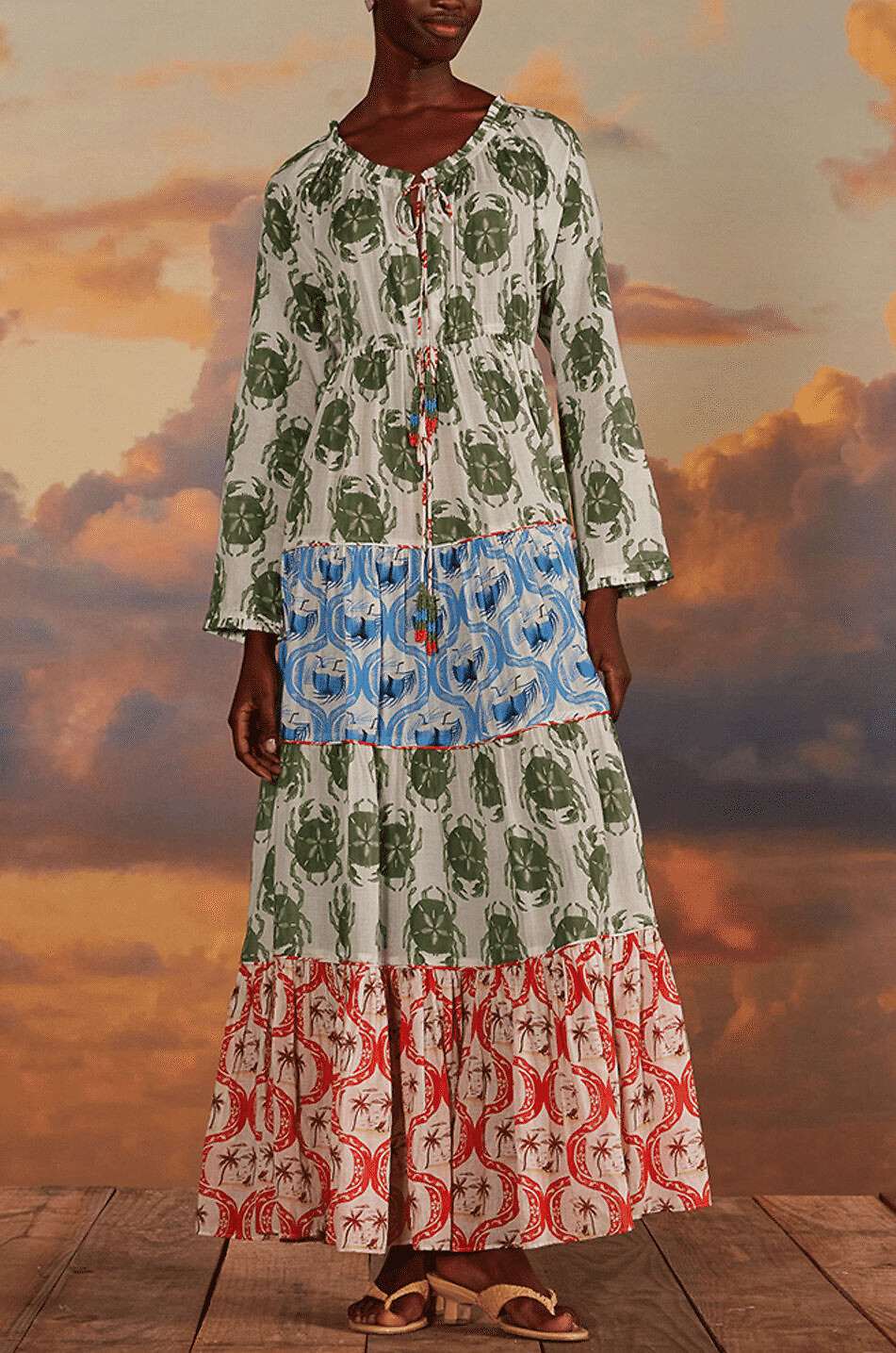 Robe maxi à volants étagés en voile de coton Stamp Mix