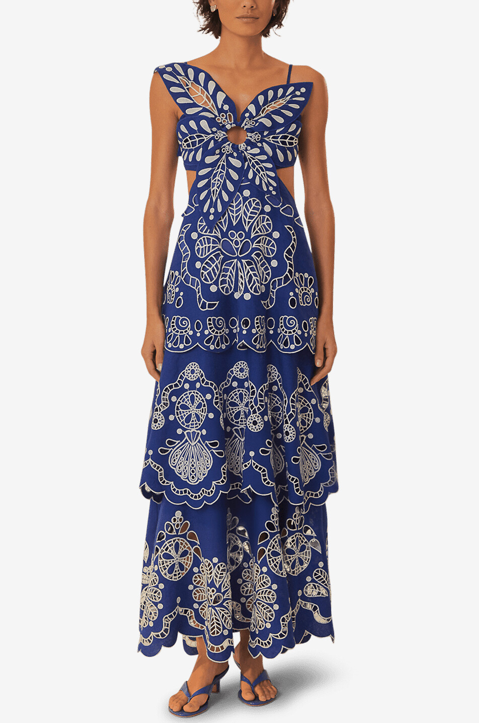 Robe midi à bretelles en lin brodé Flower Richelieu