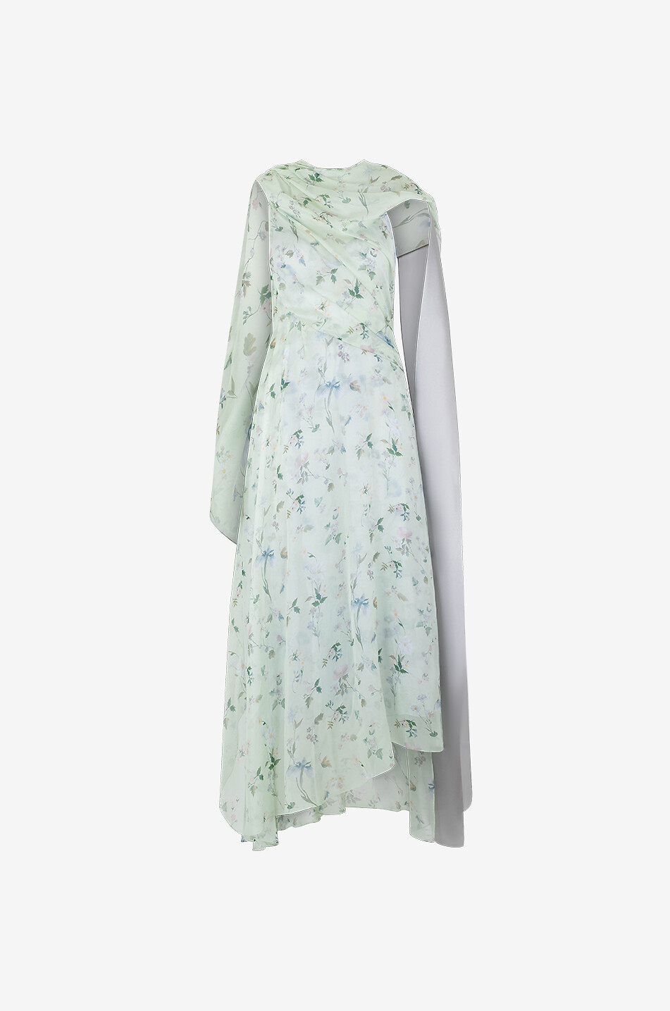 Asymmetric draped chiffon dress with necktie