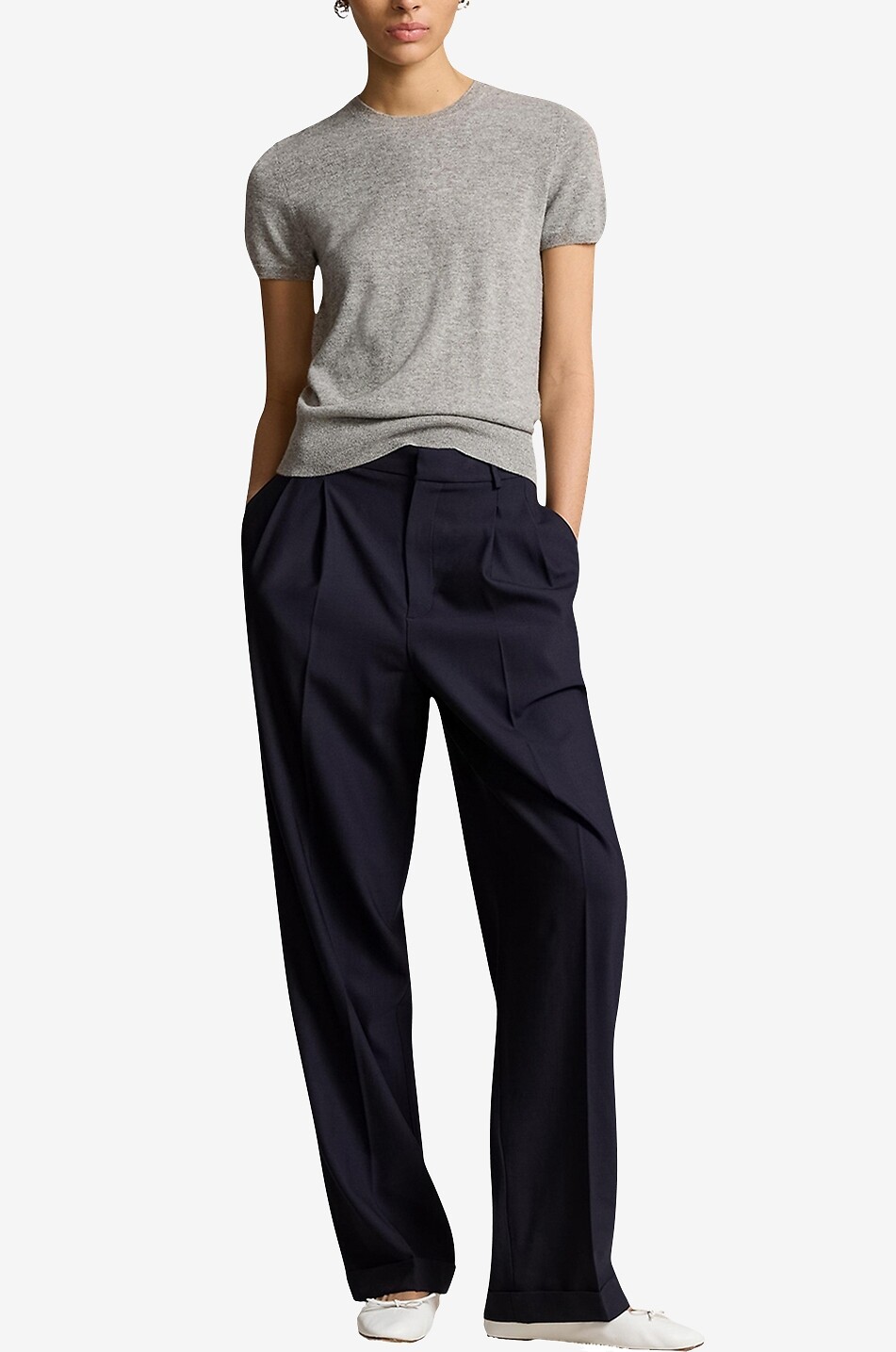 POLO RALPH LAUREN Pantalon à pinces en laine stretch large Femme BLEU FONCE 4