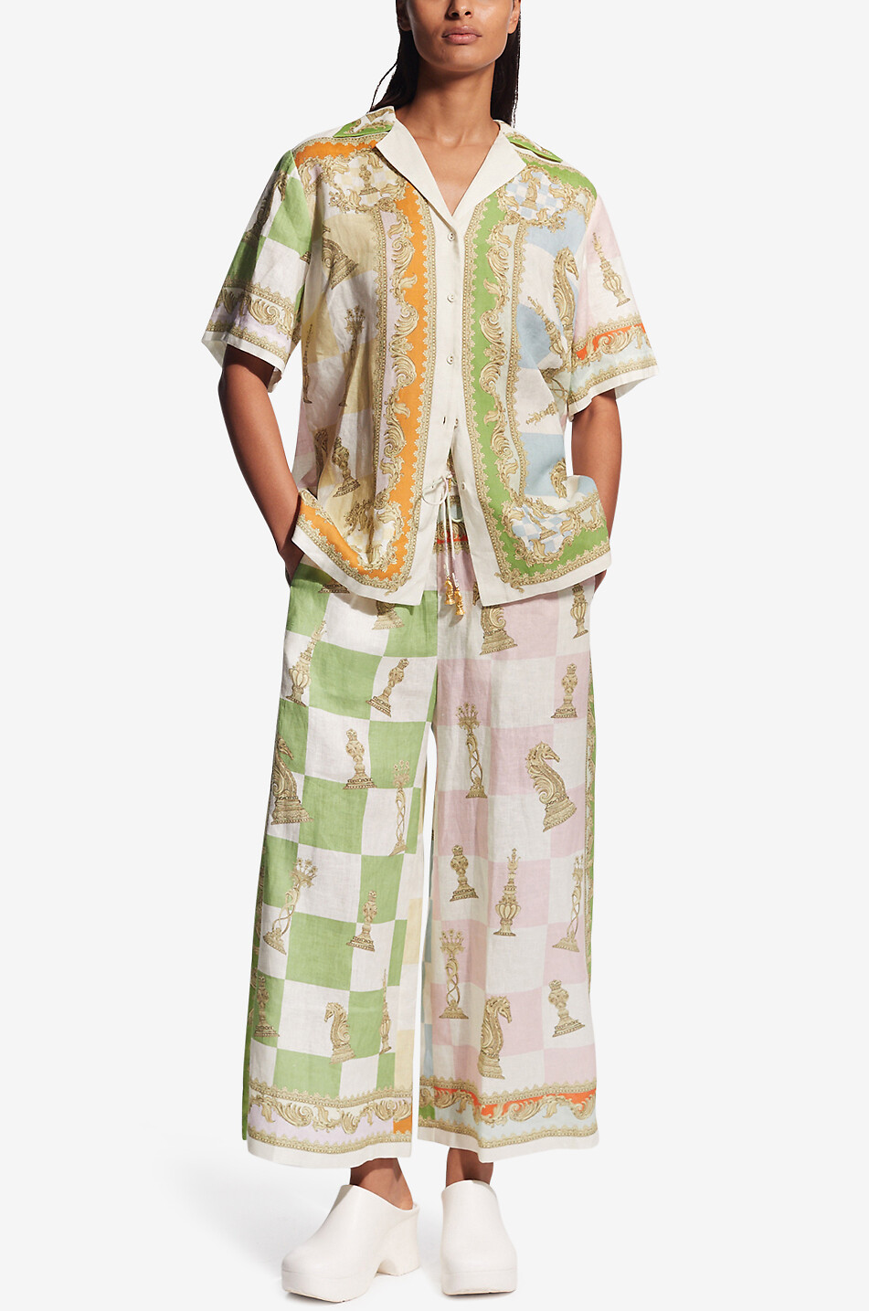 Pantalon large raccourci en lin Checkmate