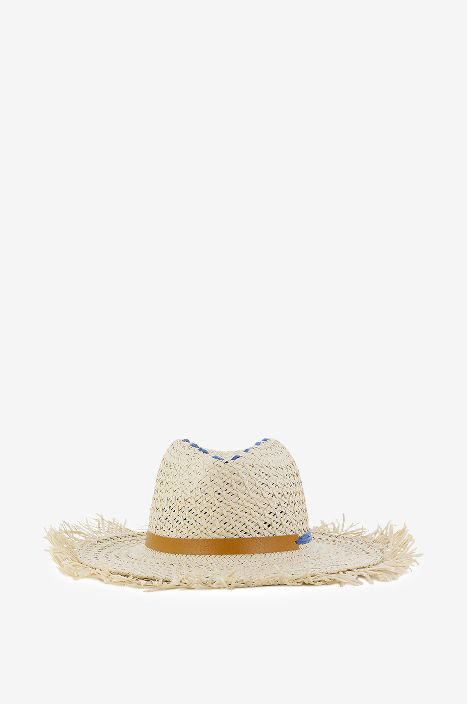 Fedora tressé à ruban en cuir et bord effiloché