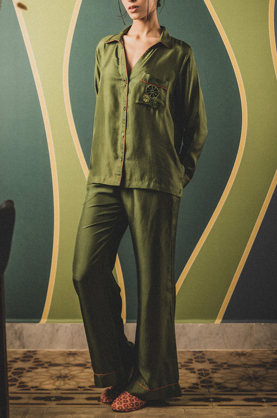 KARMA ON THE ROCKS Tokyo embroidered twill silk pyjamas Women GREEN 2